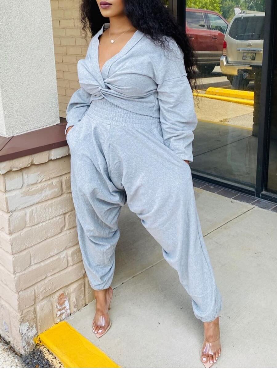 

Lovely Leisure V Neck Knot Design Grey Two Piece Pants Set