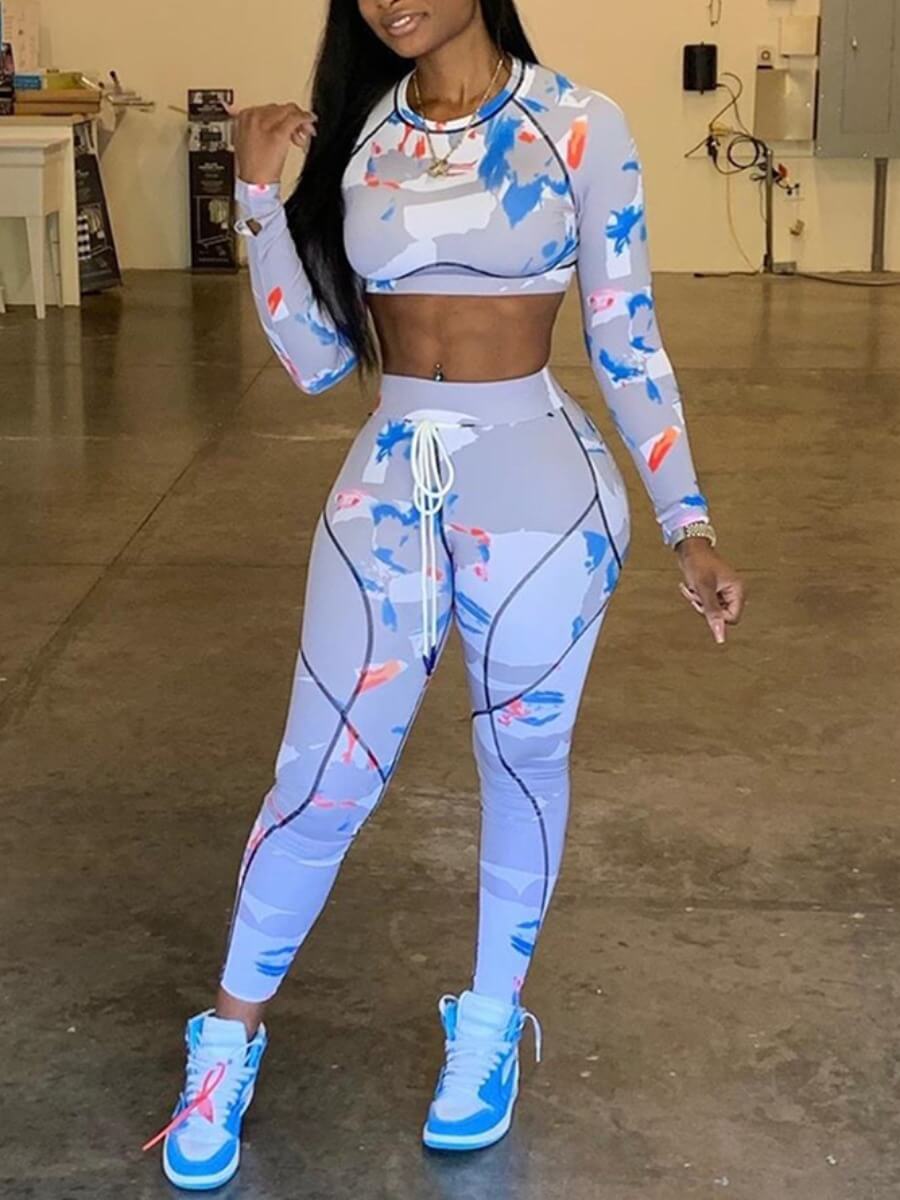 

Lovely Sportswear O Neck Print Skinny Powderblue Two Piece Pants Set