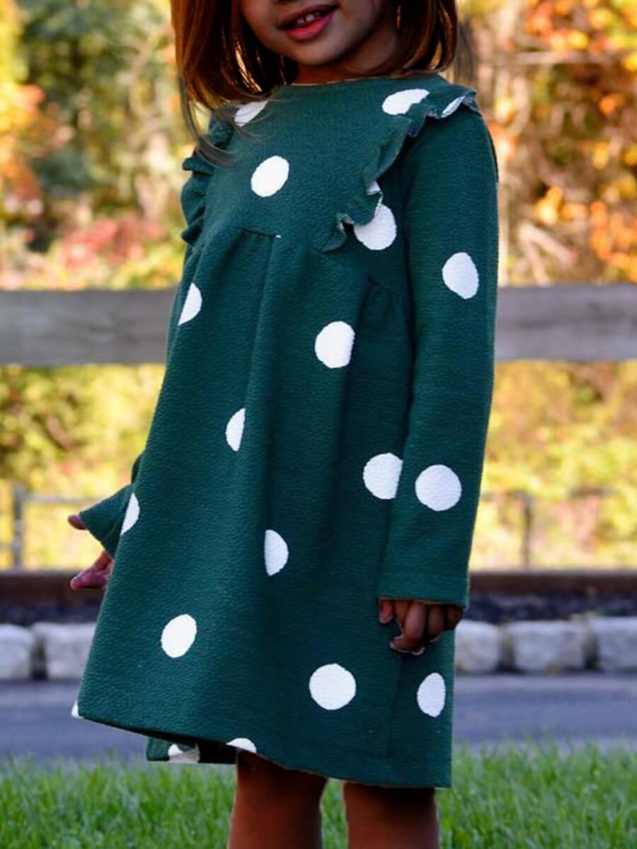 

Lovely Casual O Neck Dot Print Green Girl Knee Length Dress