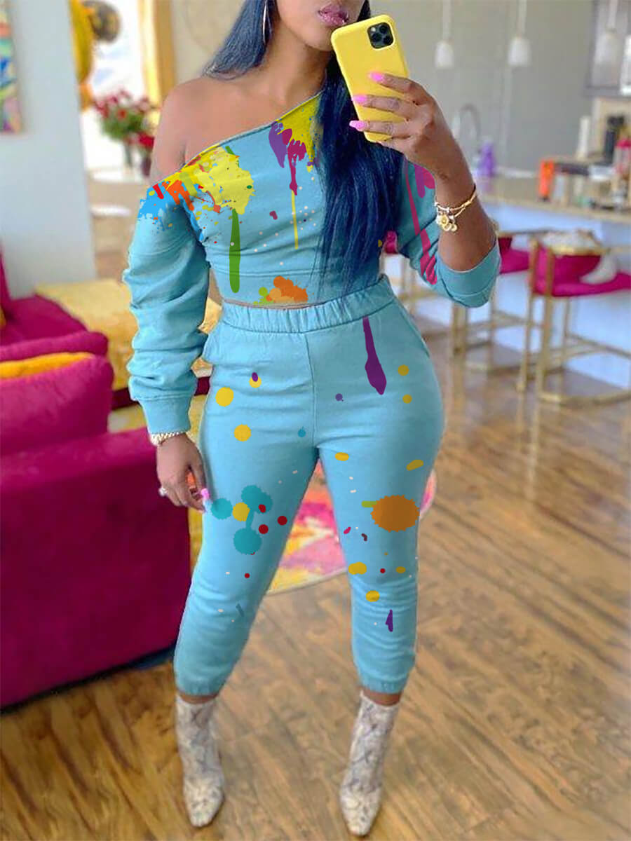 

Lovely Street One Shoulder Graffiti Element Baby Blue Two Piece Pants Set