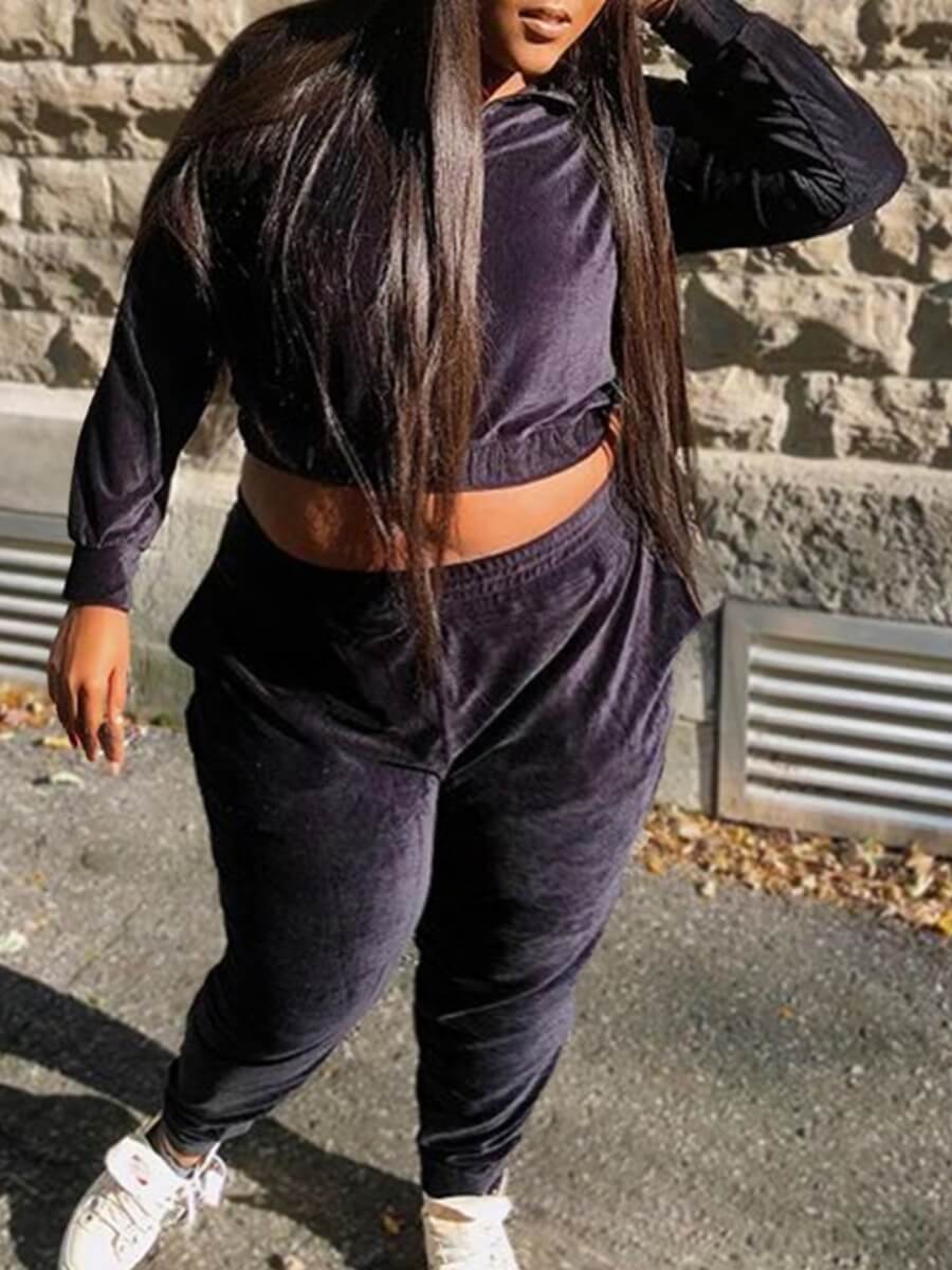 

Lovely Sportswear Zipper Design Black Plus Size Two-piece Pants Set