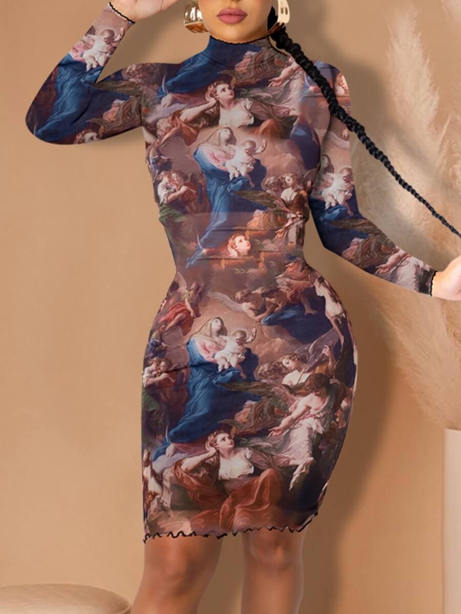 

Lovely Trendy Half A Turtleneck Print Coffee Knee Length Dress