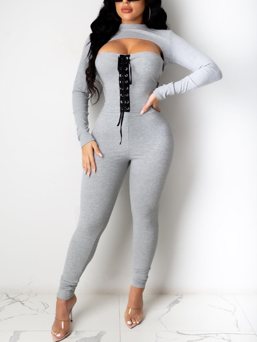 

Lovely Sportswear Bandage Design Skinny Grey Two Piece Pants Set