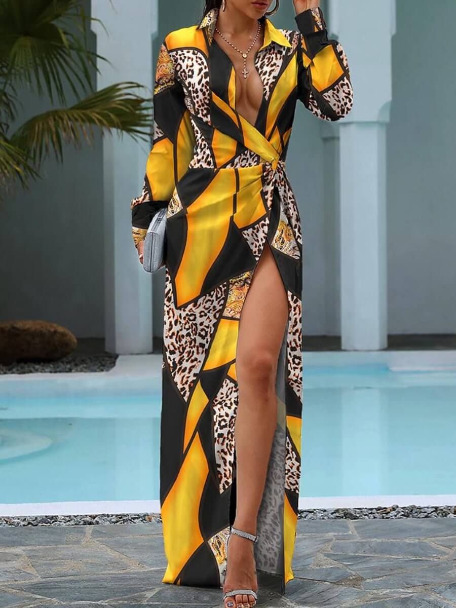 

Lovely Stylish Turndown Collar Print Yellow Maxi Dress