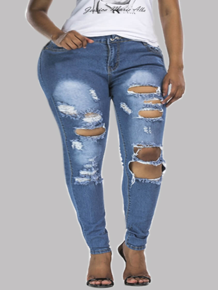 Lovely Stylish Broken Holes Skinny Blue Jeans
