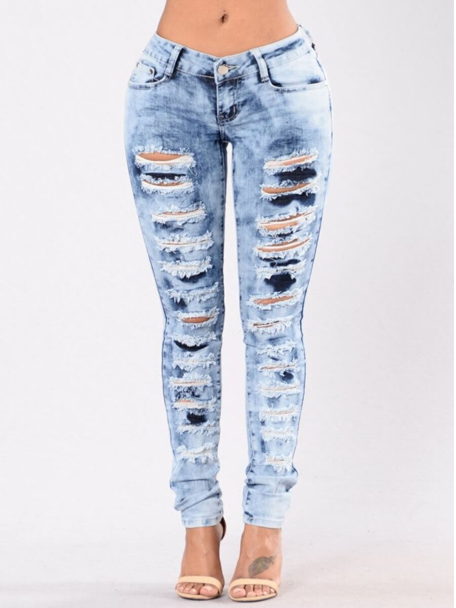 

Lovely Street Broken Holes Skinny Baby Blue Jeans