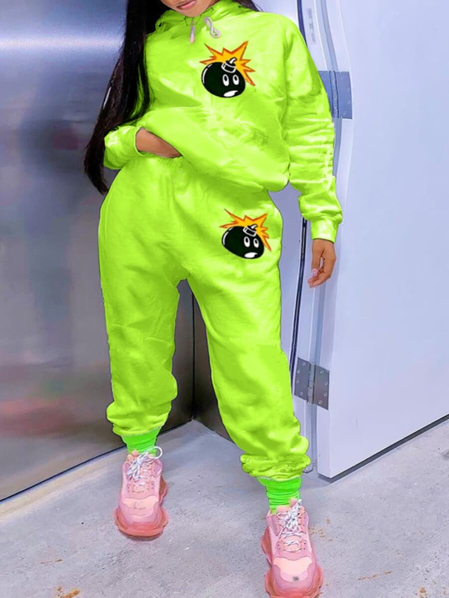 

Lovely Casual Hooded Collar Print Green Two Piece Pants Set