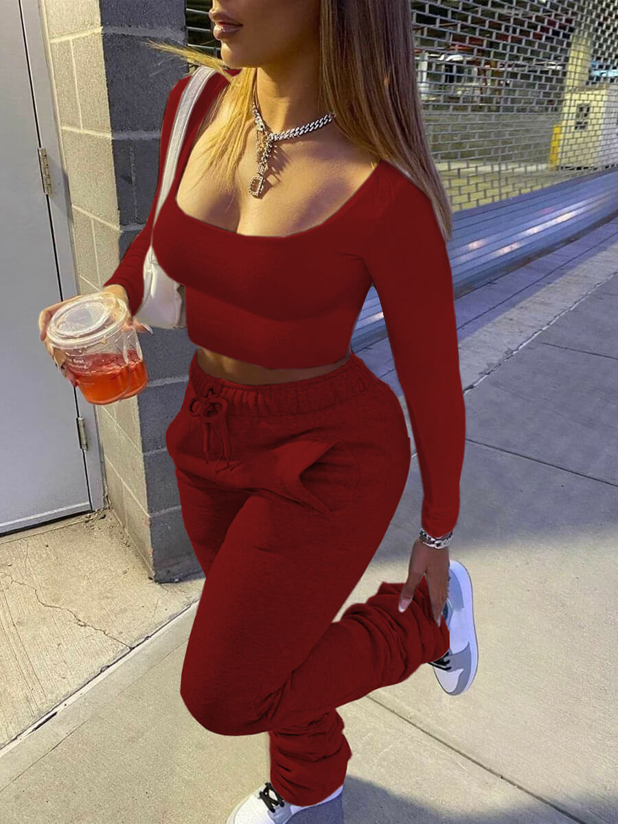 

Lovely Casual Drawstring Skinny Red Plus Size Two-piece Pants Set