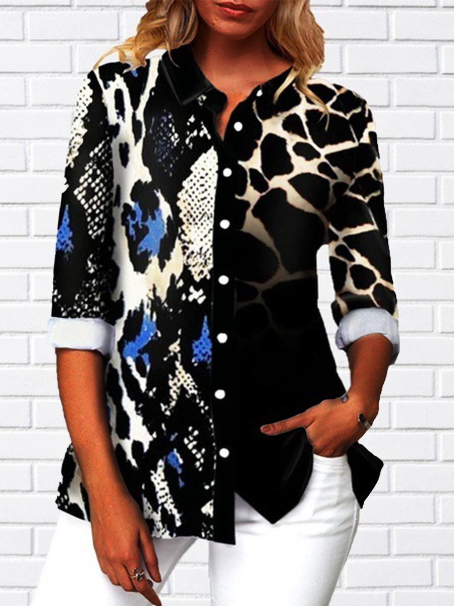 

Lovely Trendy Turndown Collar Print Multicolor Plus Size Blouse, Multi