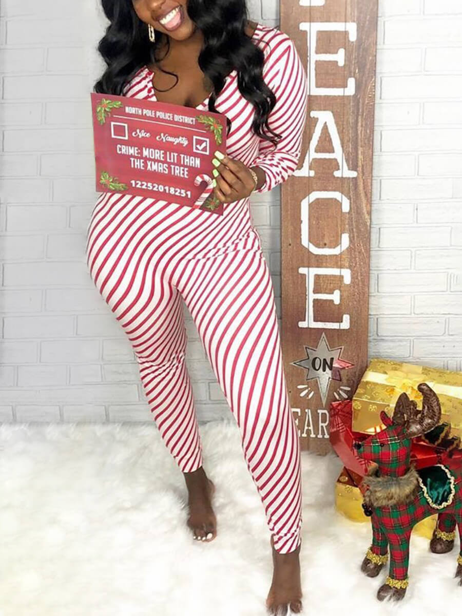 

Lovely Trendy V Neck Striped Print Red One-piece Jumpsuit