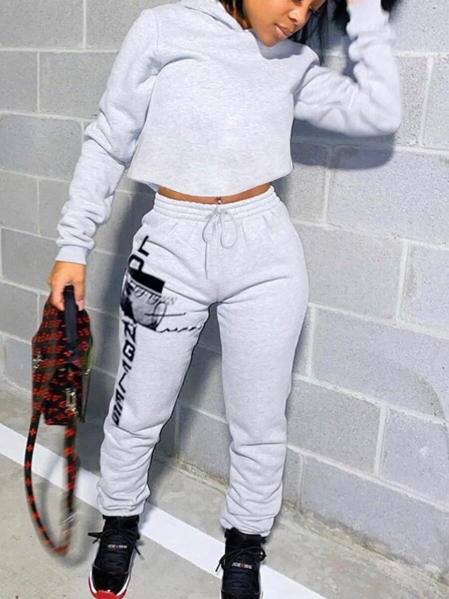 

Lovely Street Hooded Collar Print Grey Two Piece Pants Set