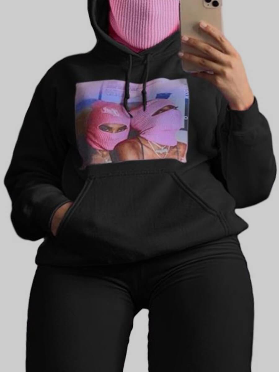 

Lovely Casual Hooded Collar Print Black Plus Size Hoodie