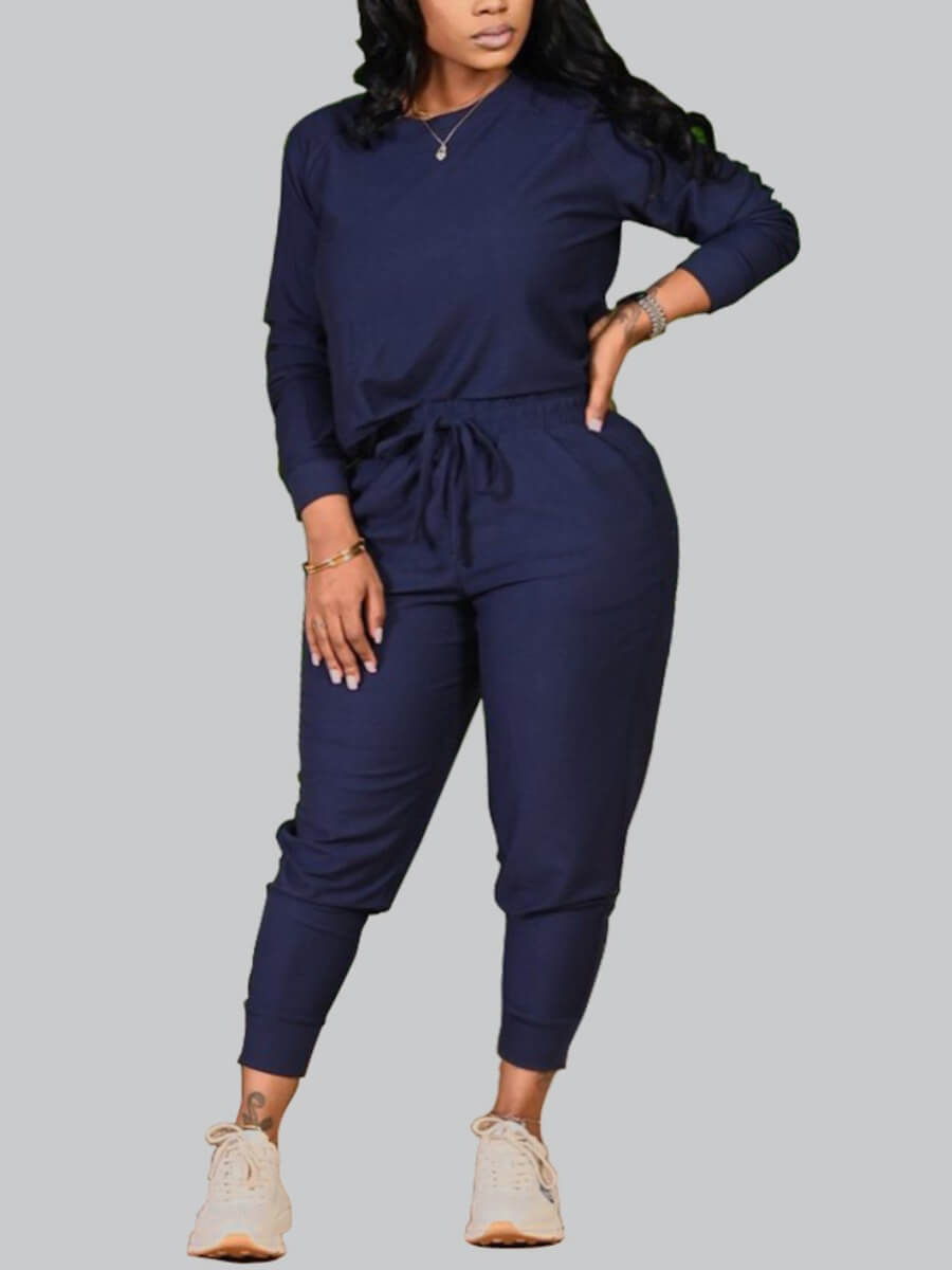 

Lovely Sportswear O Neck Lace-up Dark Blue Plus Size Two-piece Pants Set