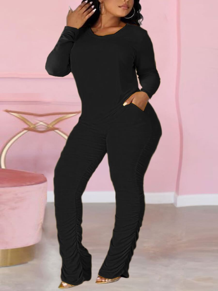 

Lovely Casual O Neck Fold Design Black Two Piece Pants Set
