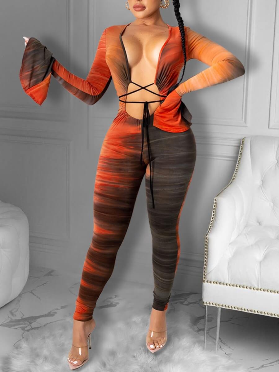 

Lovely Sexy Tie-dye Bandage Design Jacinth One-piece Jumpsuit(Batch Print