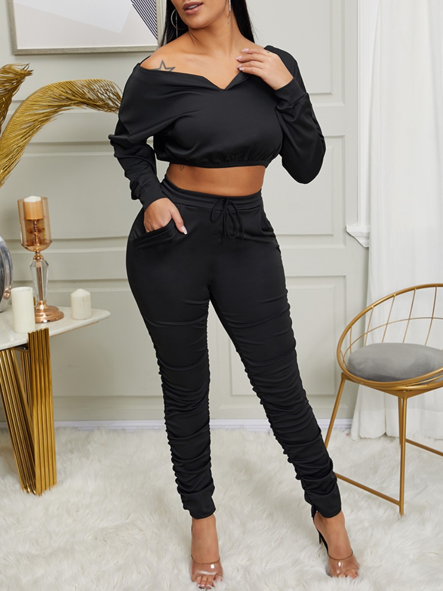 

Lovely Trendy Dew Shoulder Fold Design Black Two Piece Pants Set