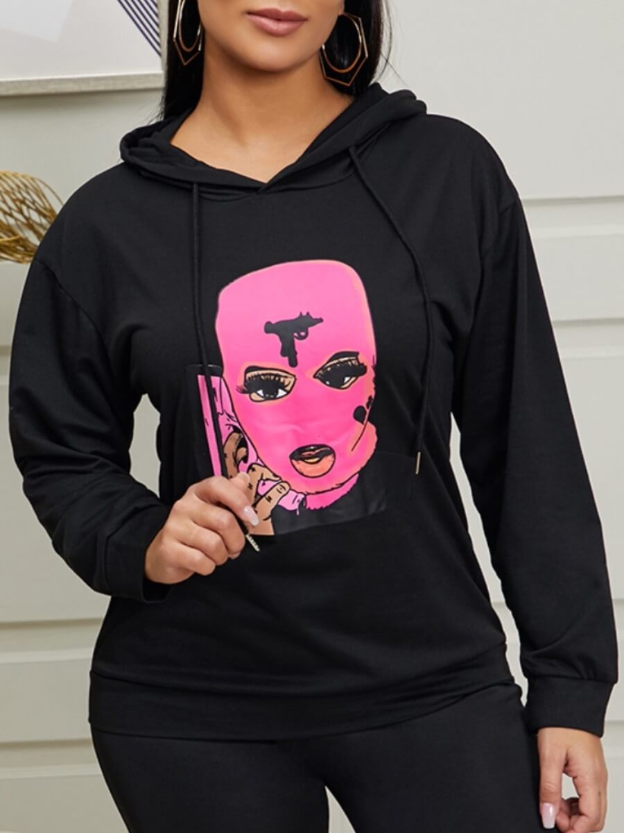 

Lovely Casual Hooded Collar Print Black Hoodie