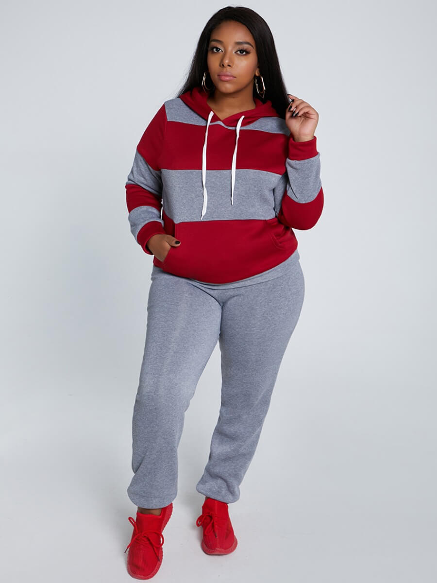 

LW Plus Size Hooded Collar Striped Pants Set, Grey