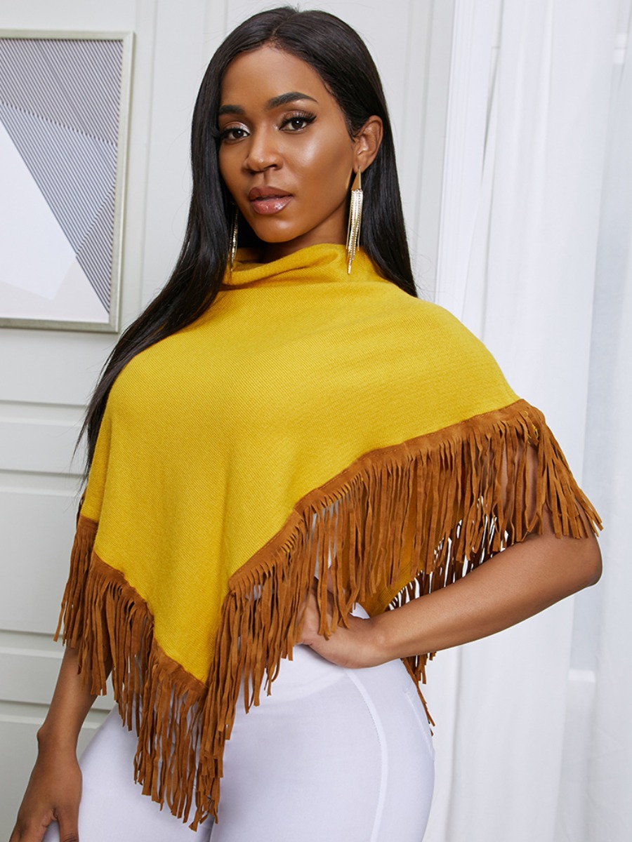 

Lovely Trendy Patchwork Tassel Design Yellow Sweater