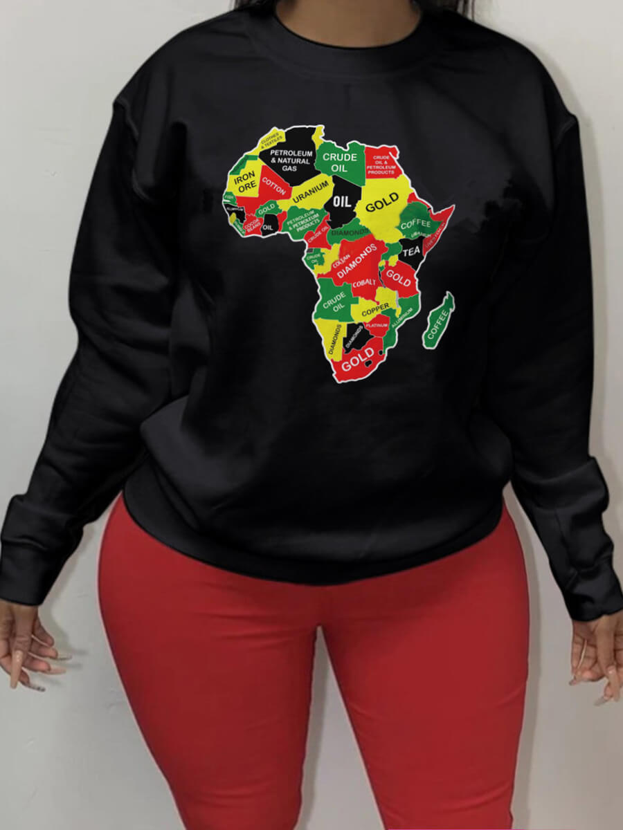 

Lovely Casual O Neck Print Black Plus Size Hoodie