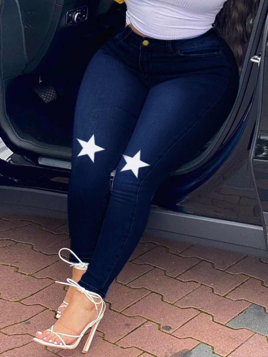 

Lovely Casual Pentagram Print Deep Blue Plus Size Jeans