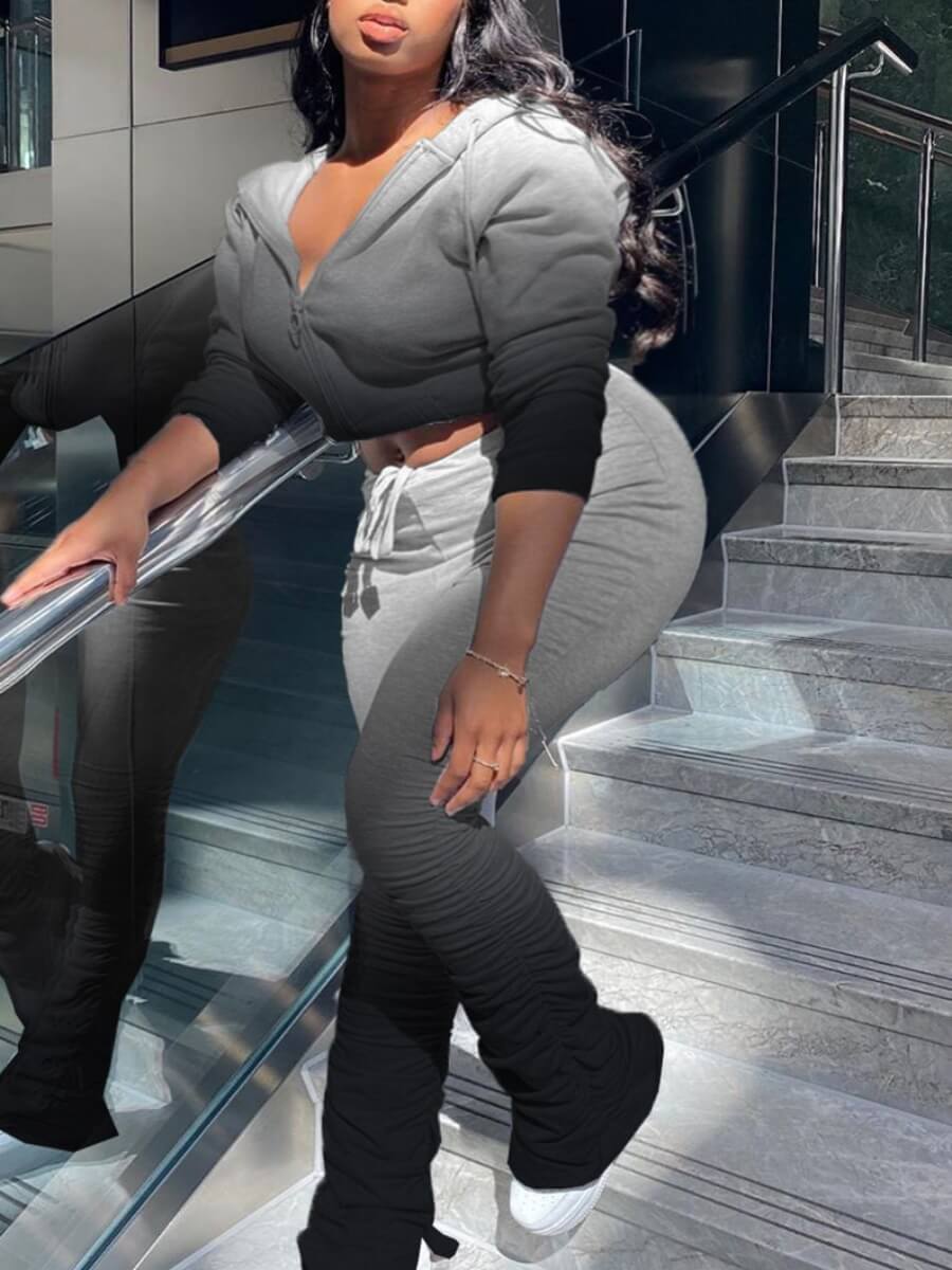 

Lovely Stylish Hooded Collar Gradient Fold Design Black Plus Size Two-piece Pants Set