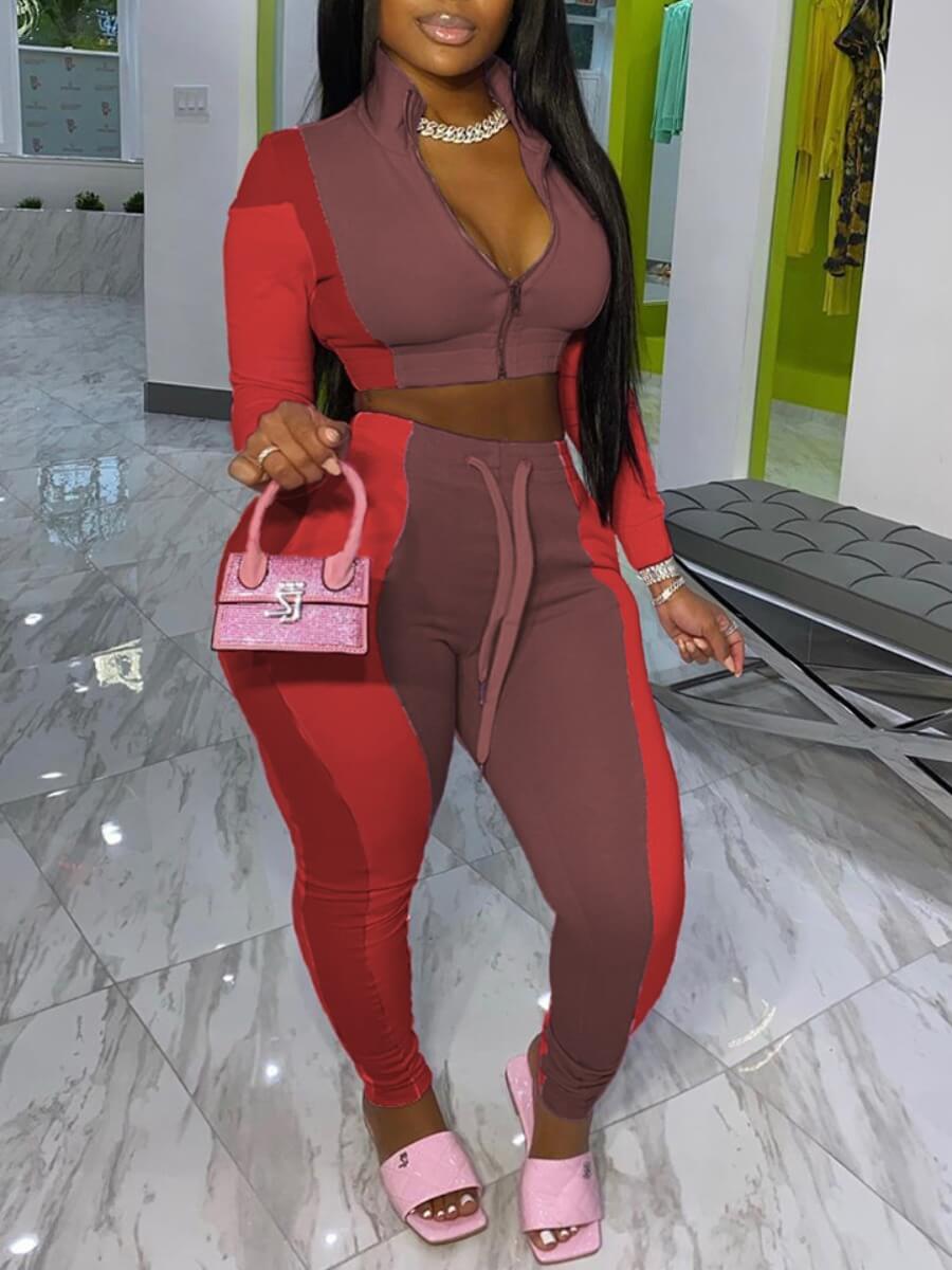 

Lovely Sportswear Turndown Collar Color-lump Patchwork Red Plus Size Two-piece Pants Set