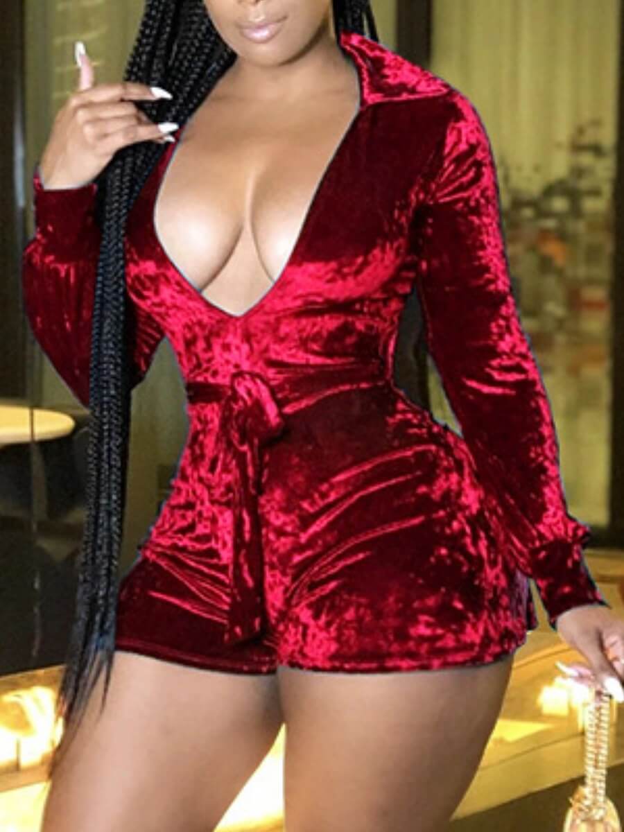 

Lovely Sexy Deep V Neck Lace-up Red One-piece Romper