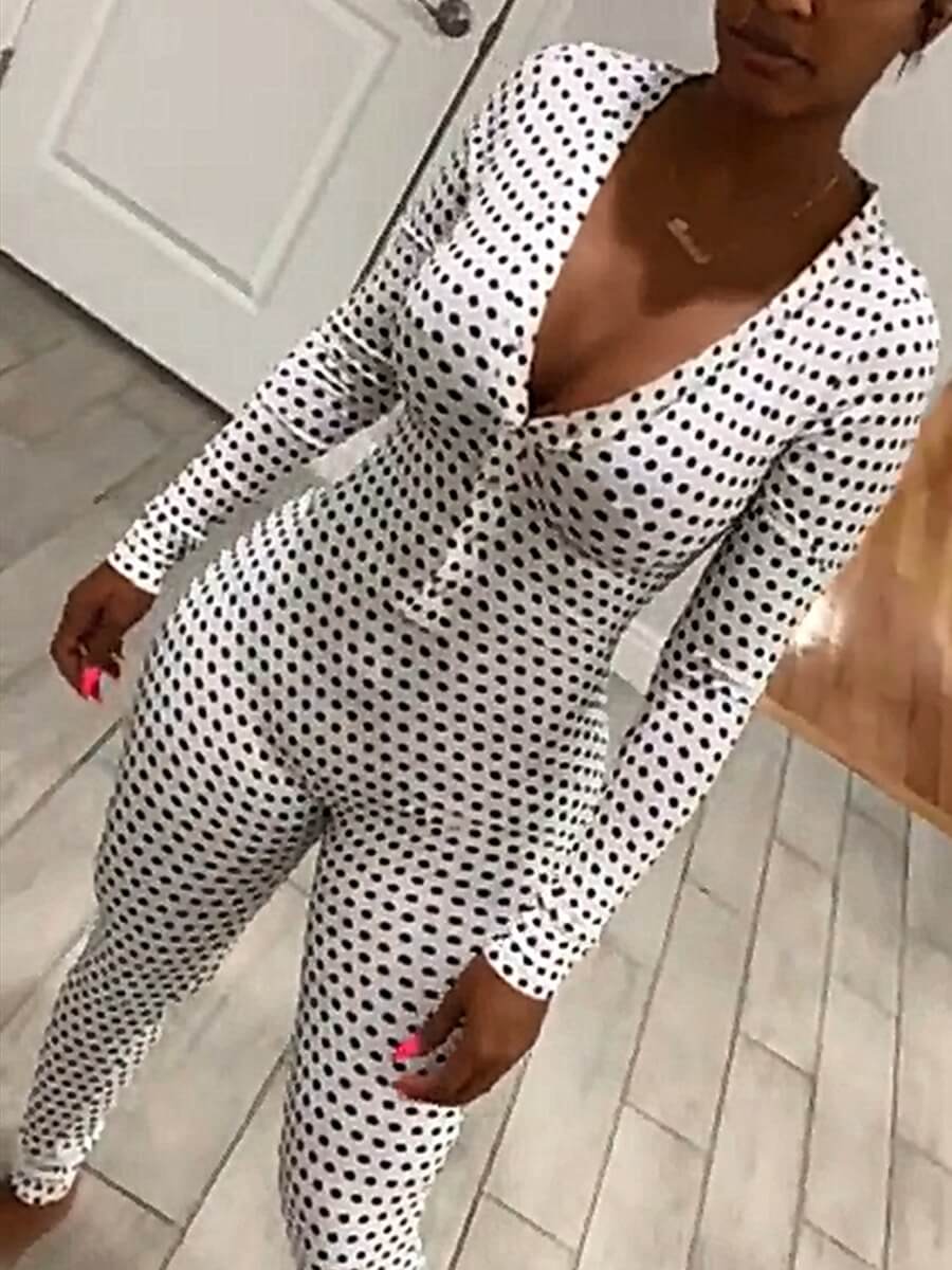 

Lovely Stylish Deep V Neck Dot Print White One-piece Jumpsuit