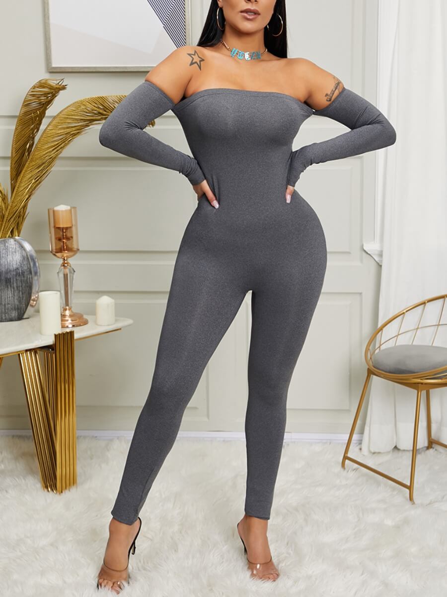 

Lovely Sportswear Dew Shoulder Skinny Light Grey One-piece Jumpsuit