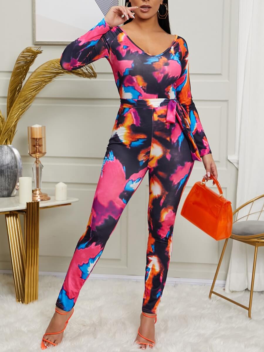 

Lovely Trendy V Neck Tie-dye Skinny Multicolor One-piece Jumpsuit, Multi