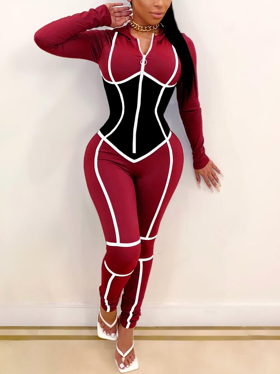 

Lovely Sportswear Zipper Design Patchwork Wine Red One-piece Jumpsuit