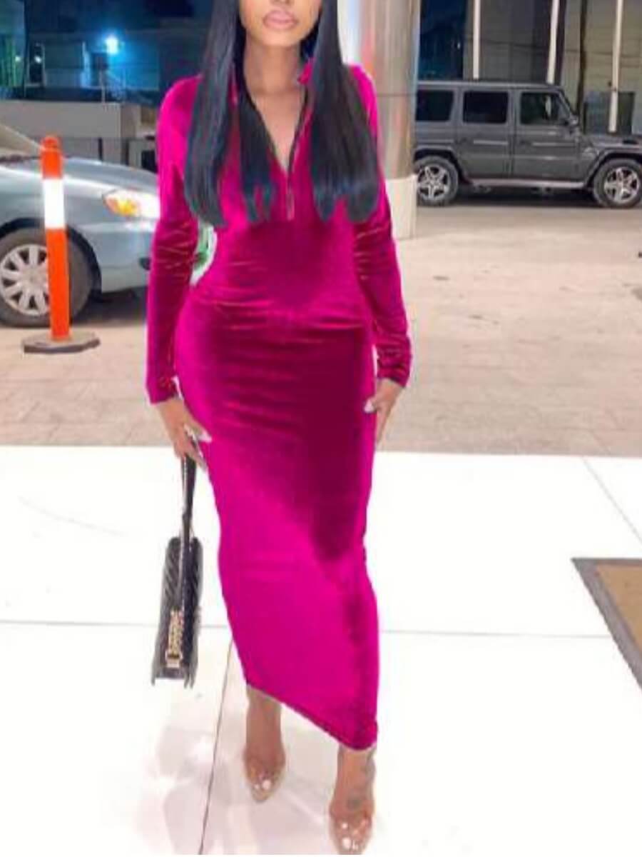 

Lovely Casual Mandarin Collar Zipper Design Rose Ankle Length Dress