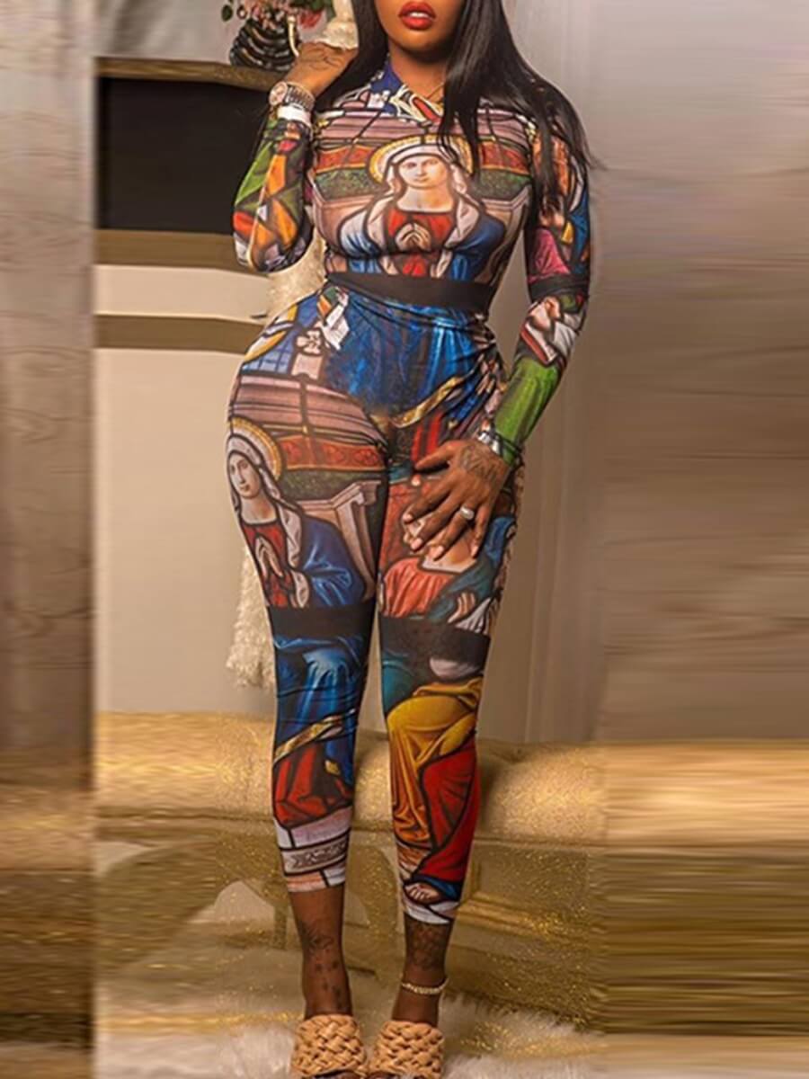 

Lovely Sportswear O Neck Print Skinny Multicolor One-piece Jumpsuit, Multi