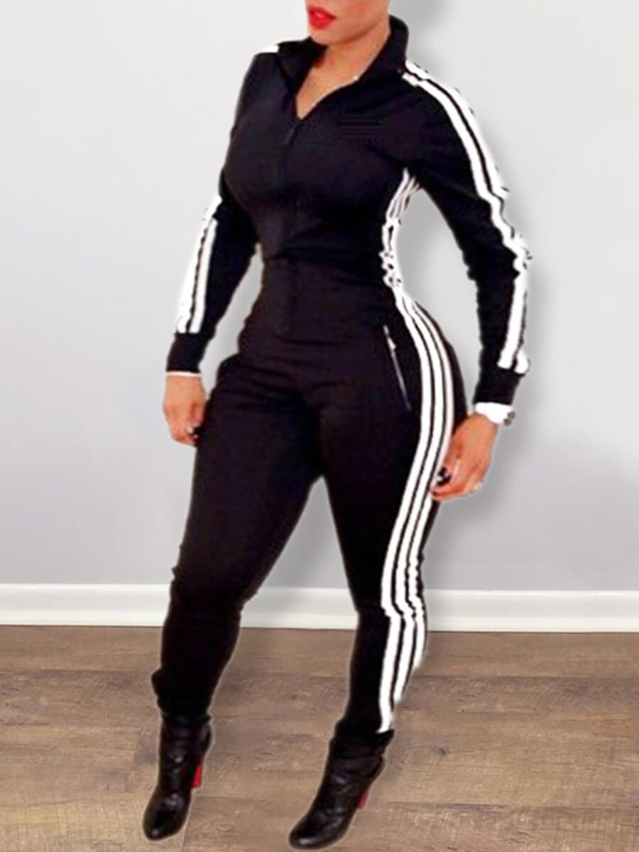 

Lovely Sportswear Zipper Design Striped Patchwork Black One-piece Jumpsuit