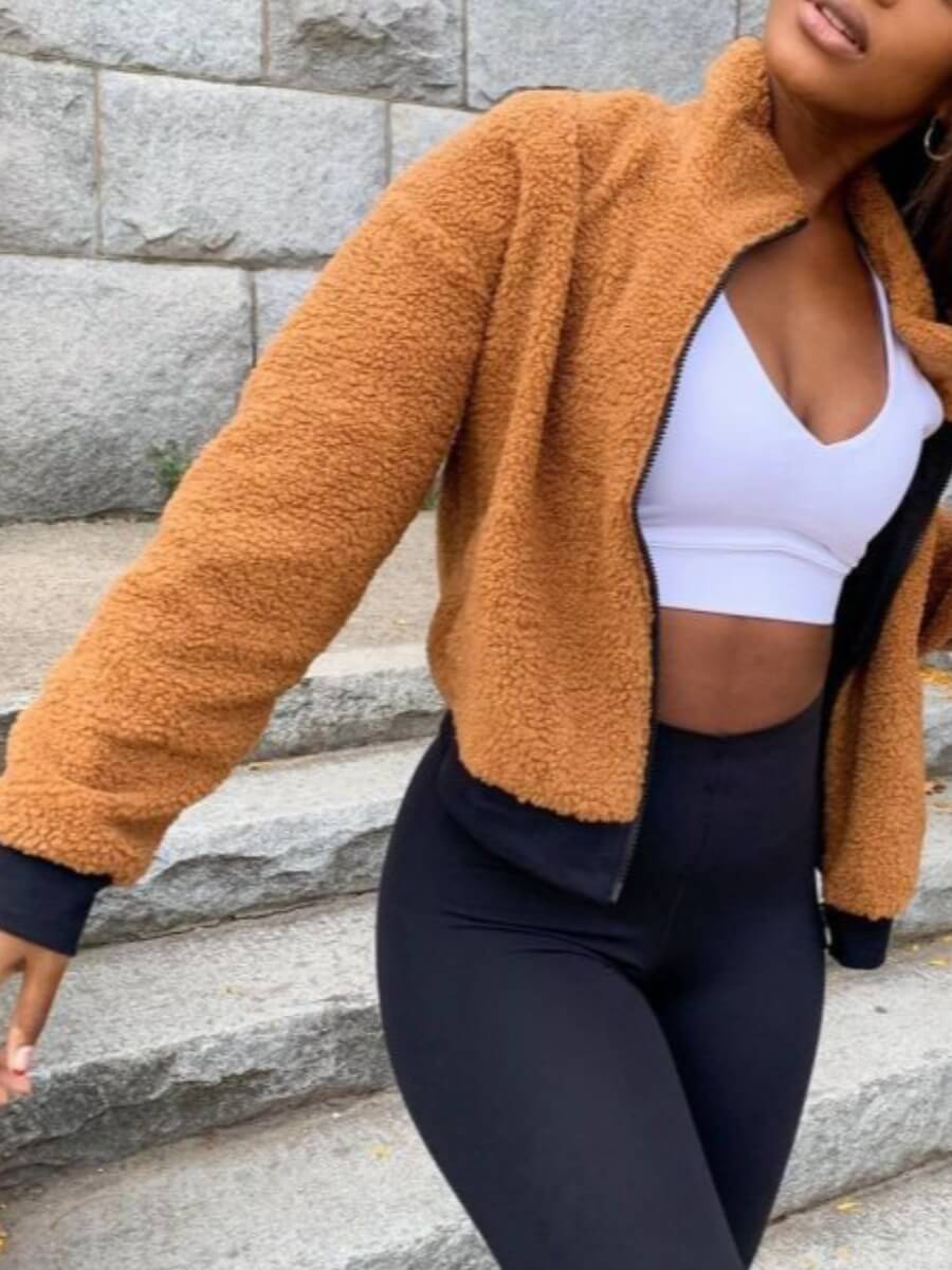 

Lovely Trendy Zipper Design Khaki Faux Fur