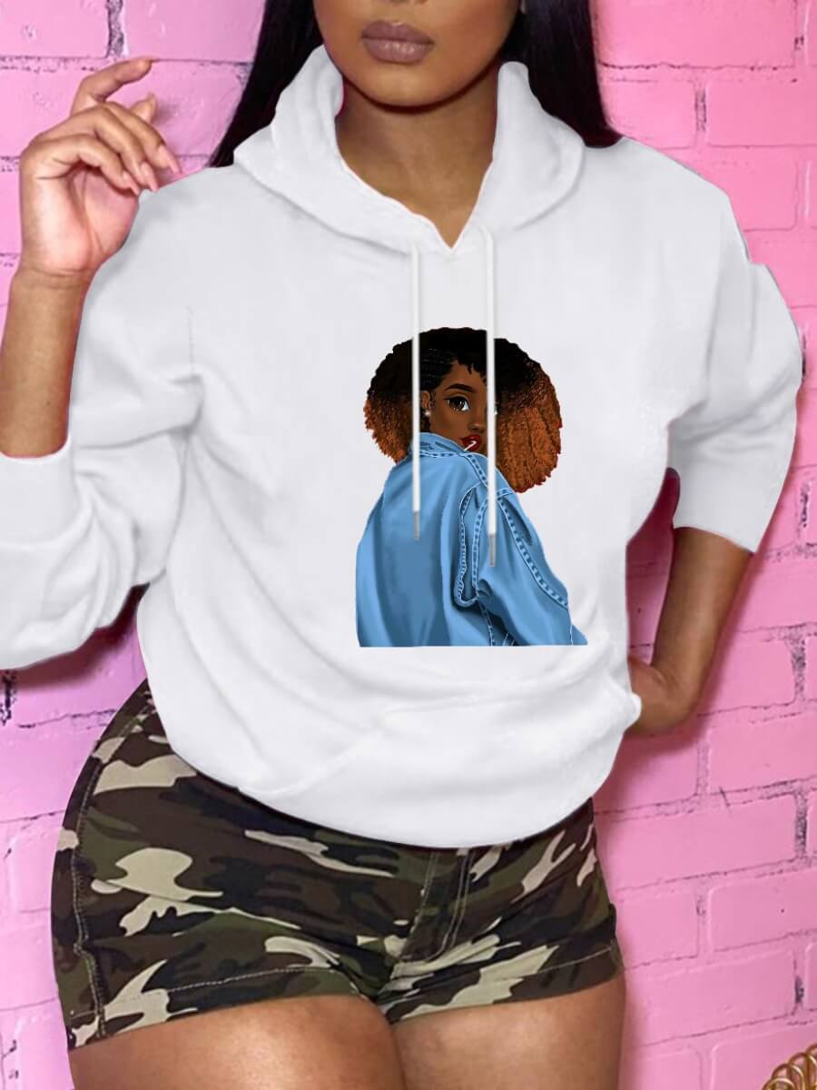 

Lovely Casual Hooded Collar Print White Hoodie