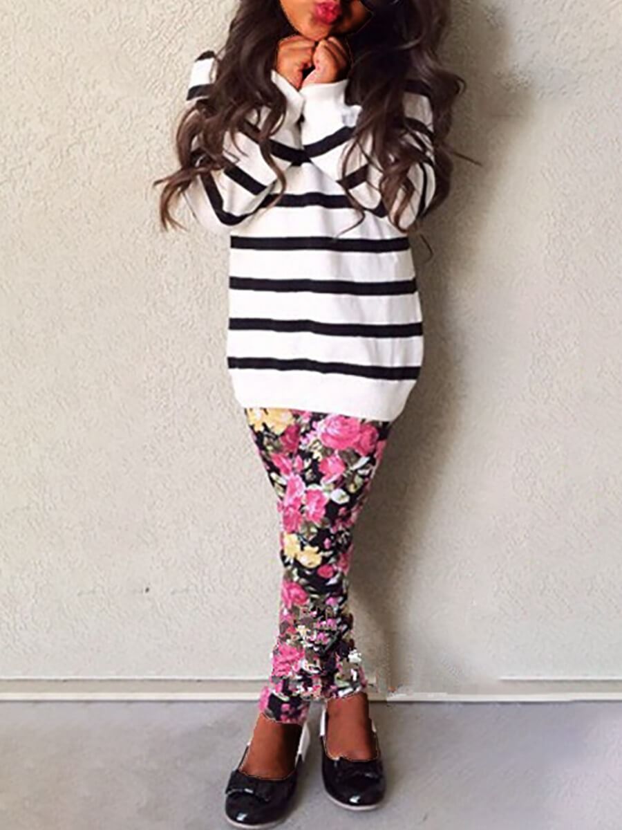 

Lovely Leisure O Neck Floral Print White Girl Two-piece Pants Set