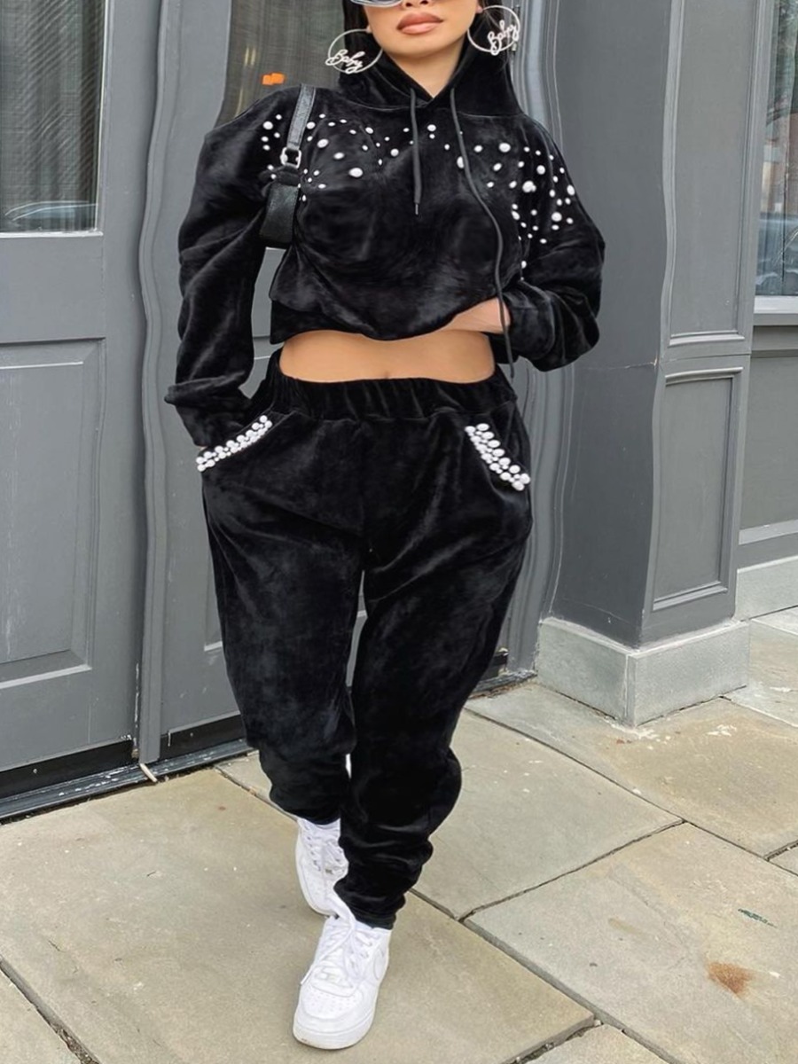 

Lovely Casual Hooded Collar Loose Black Two Piece Pants Set