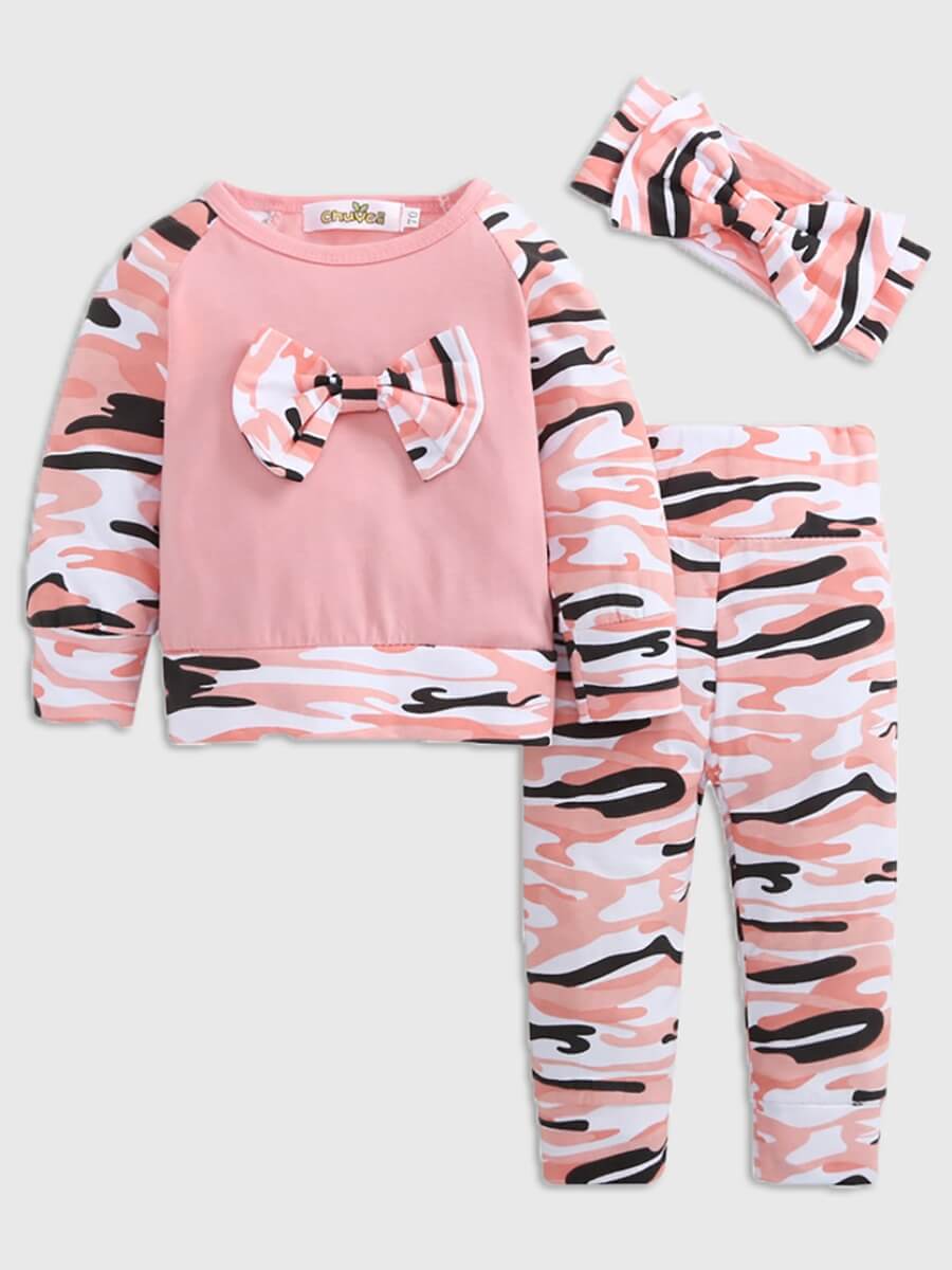 

Lovely Trendy O Neck Print Patchwork Pink Girl Two-piece Pants Set