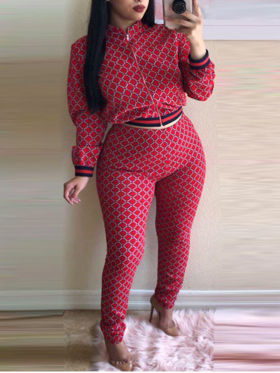 

Lovely Sportswear Print Zipper Design Red Two Piece Pants Set