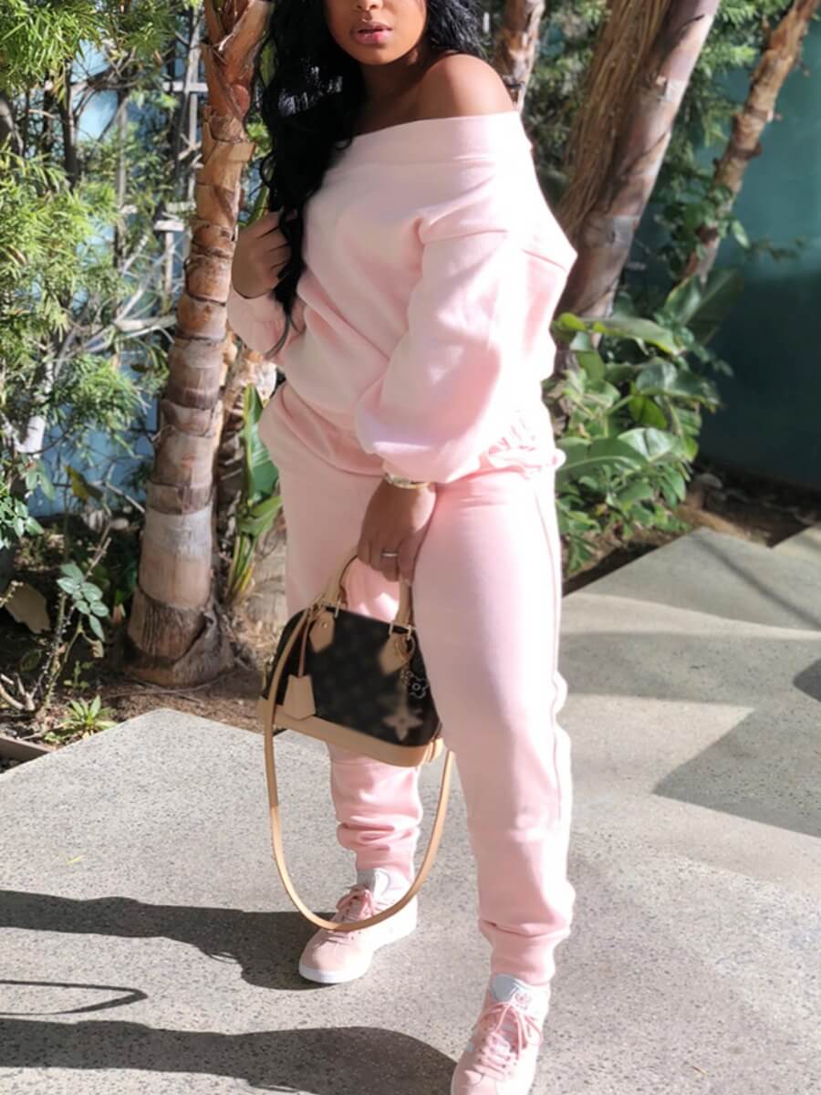 

Lovely Casual Dew Shoulder Loose Pink Two Piece Pants Set