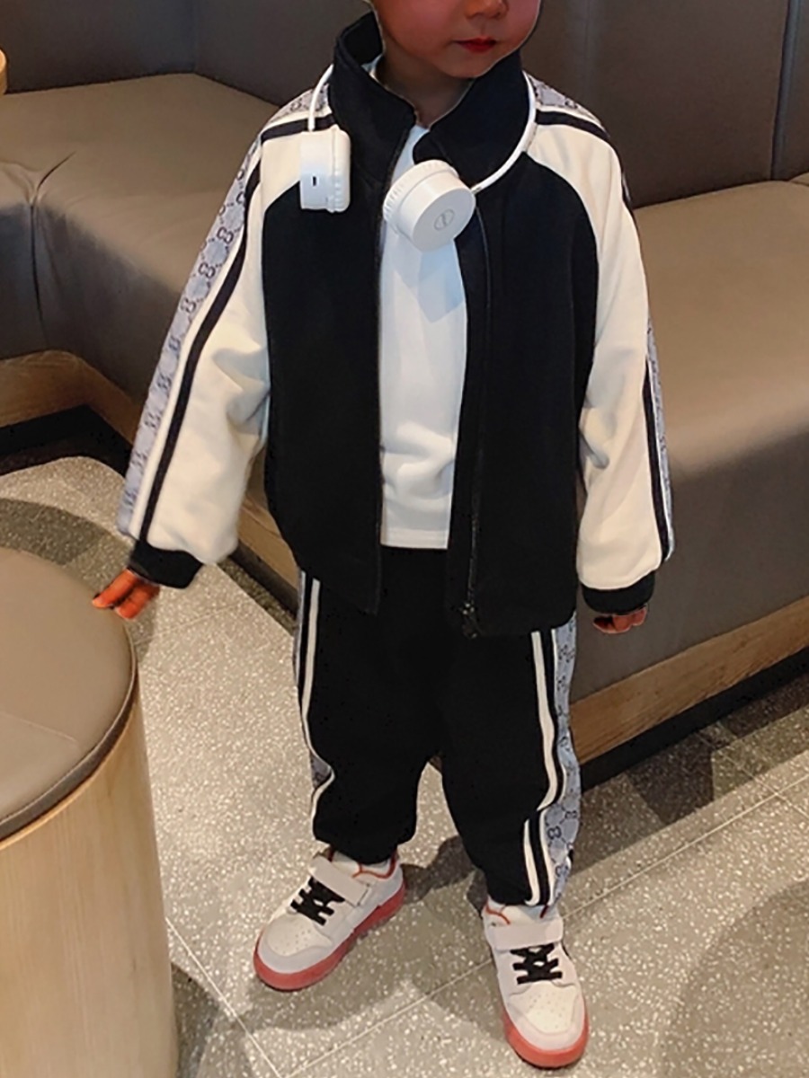 

Lovely Sportswear Patchwork Zipper Design Black Boy Two-piece Pants Set