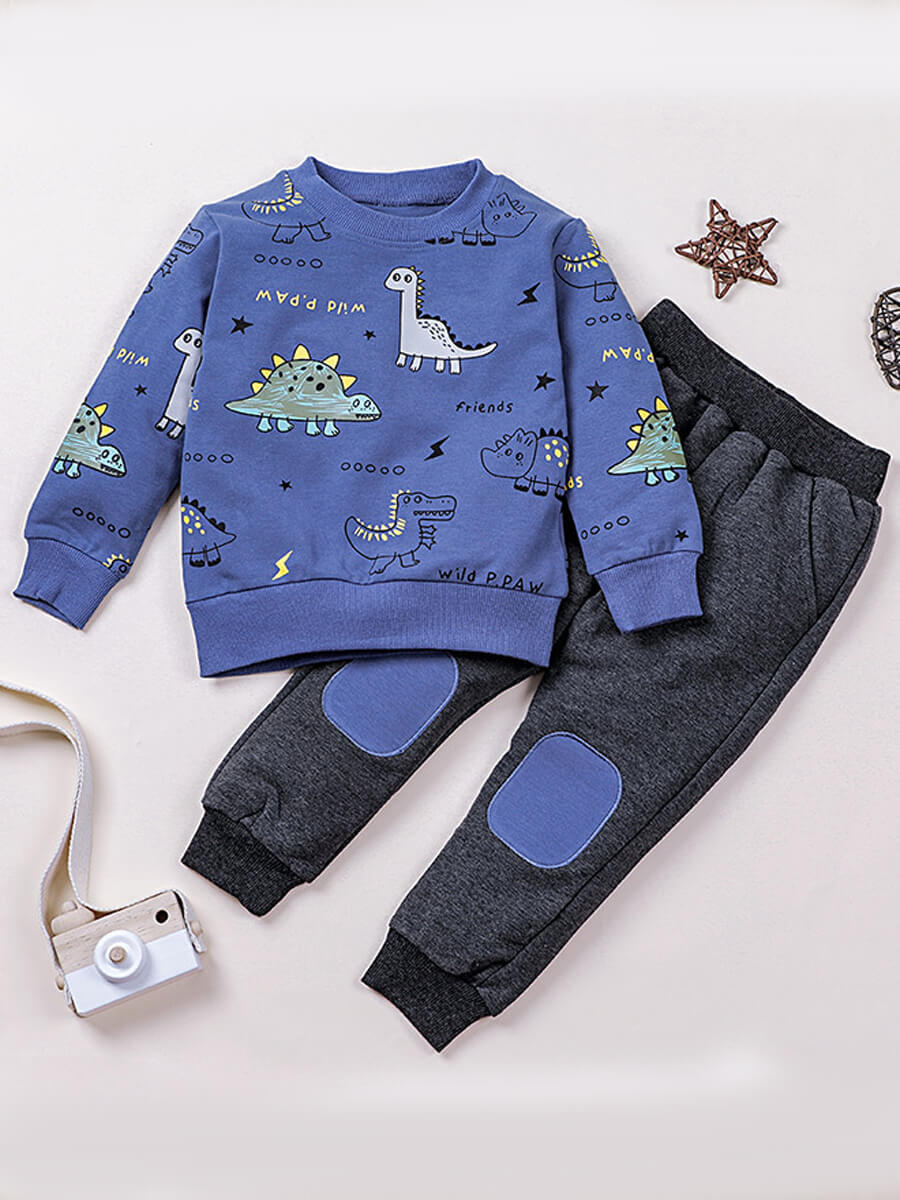 

Lovely Casual O Neck Cartoon Print Blue Boy Two-piece Pants Set