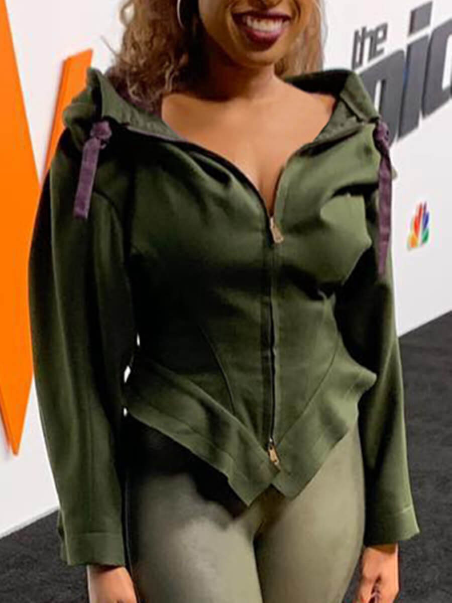 

Lovely Casual Hooded Collar Asymmetrical Zipper Design Green Coat
