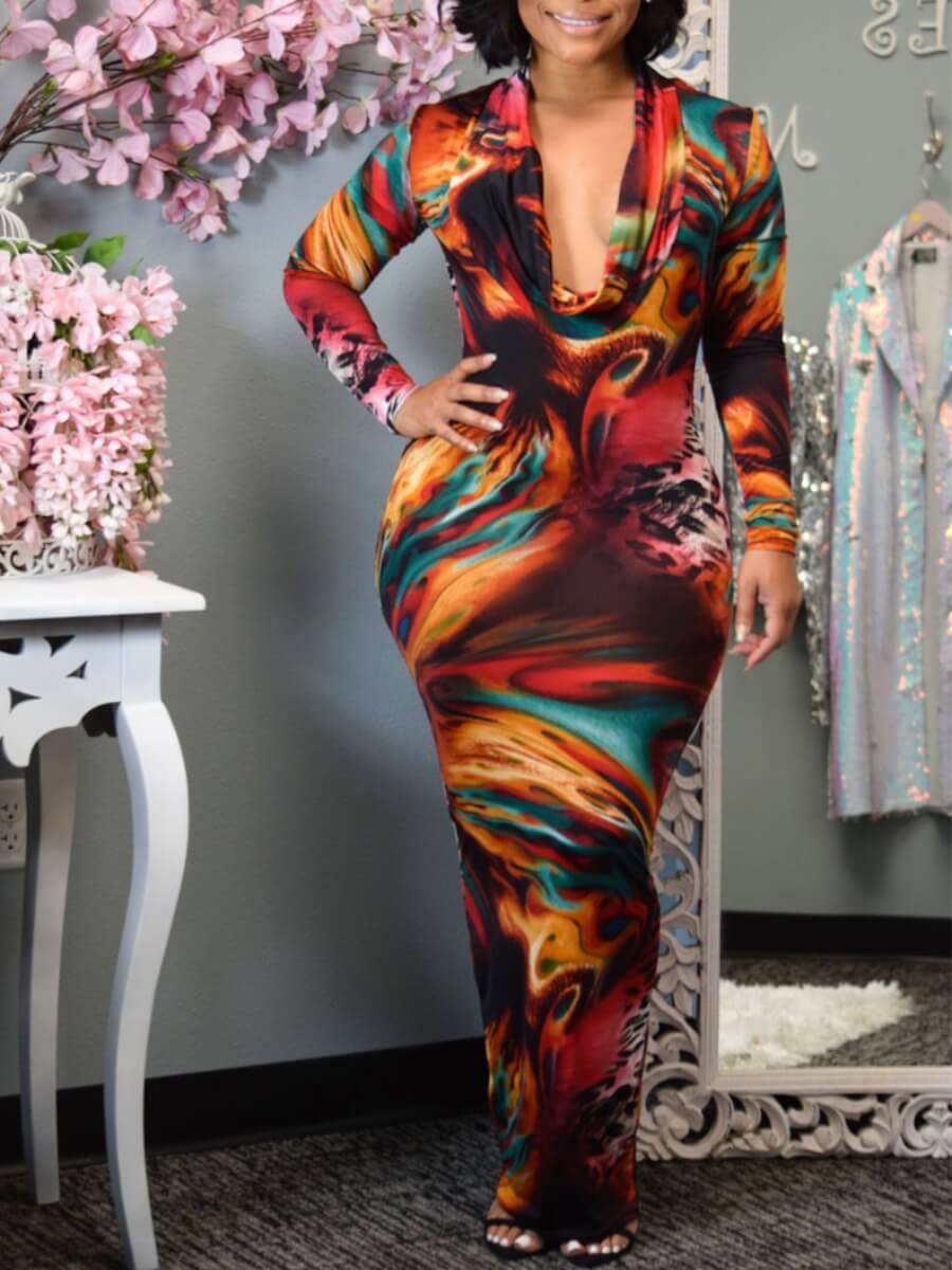 

Lovely Trendy Tie-dye Skinny Wine Red Maxi Dress