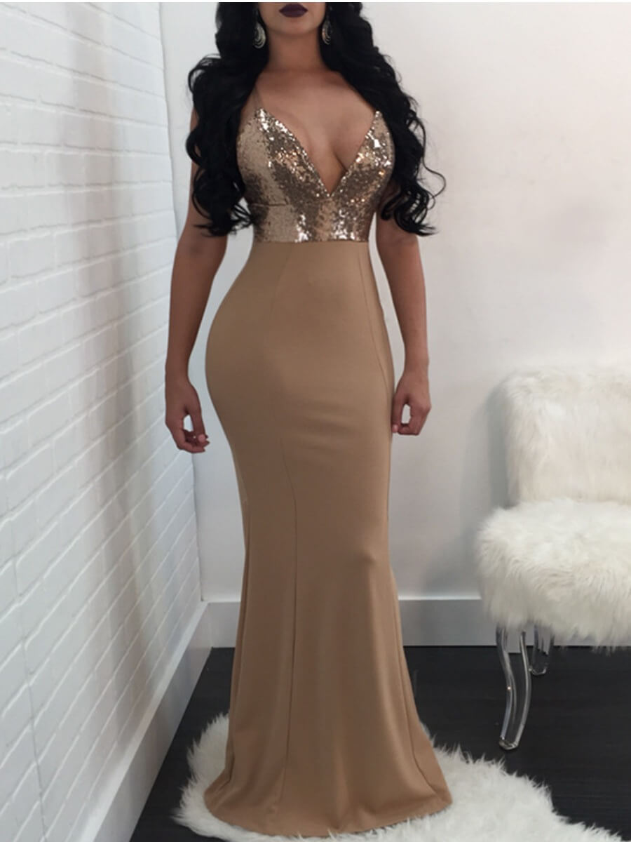 

Lovely Sexy Spaghetti Strap Patchwork Apricot Maxi Dress