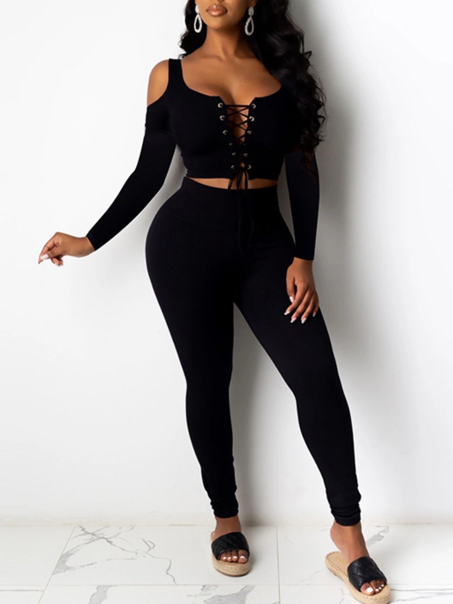 

Lovely Trendy Hollow-out Bandage Design Black Two Piece Pants Set