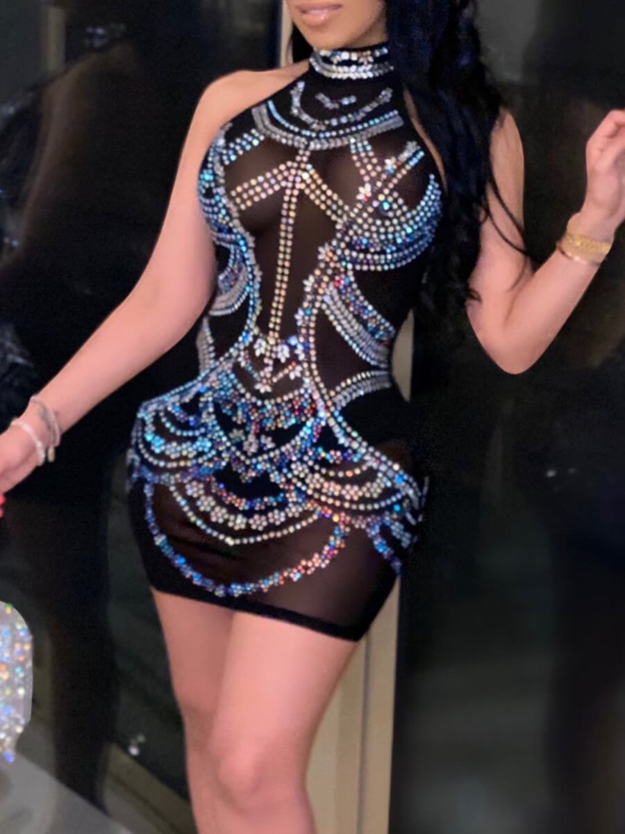 

Lovely Sexy Backless Hot Drilling Decorative Black Mini Dress