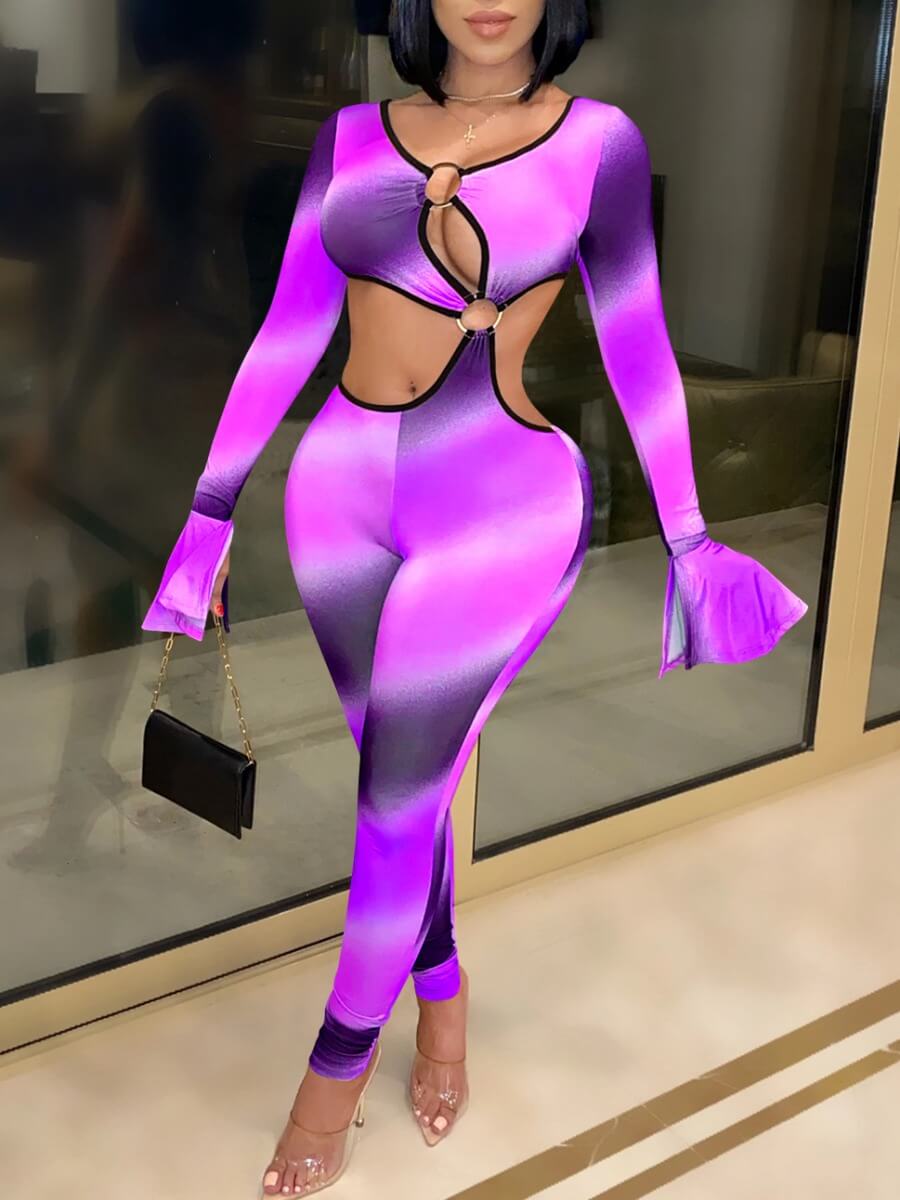 

Lovely Sexy Tie-dye Hollow-out Purple One-piece Jumpsuit